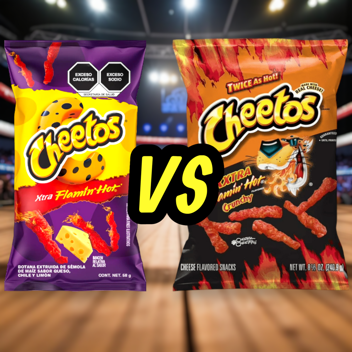 Comparison image of Mexican Flamin' Hot Cheetos on the left versus U.S. Flamin' Hot Cheetos on the right, set in a blurred boxing ring background, with bold 'vs' text in the center highlighting a spicy snack flavor showdown.