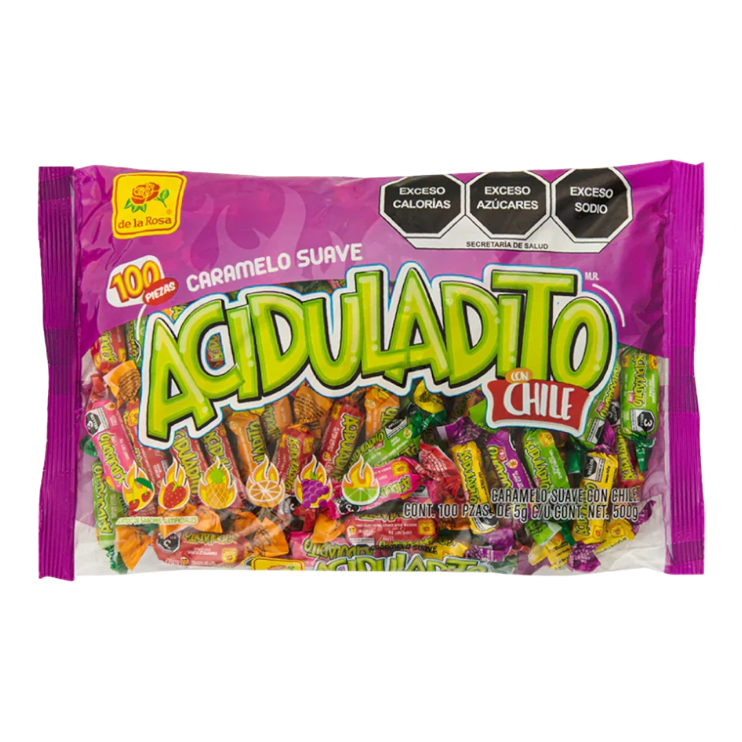 Dulceria 915 De La Rosa Aciduladito con Chile soft caramels, 100 pieces, individually wrapped with fruit and chili graphics.