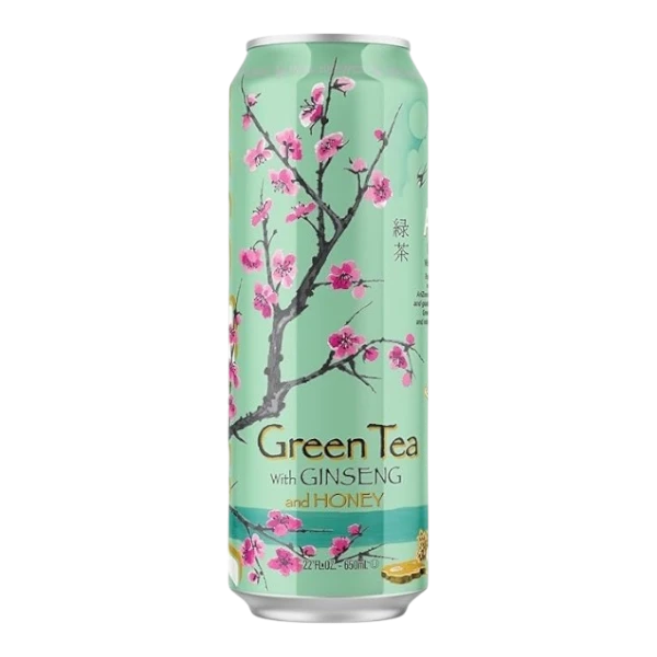 Dulceria 915 Arizona Green Tea with Ginseng and Honey can, featuring a mint green background with a cherry blossom branch design.