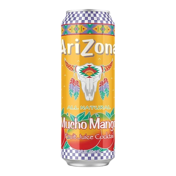 Dulceria 915 Arizona Mucho Mango fruit juice cocktail can with bull skull and mango graphics. Contains 5% juice.