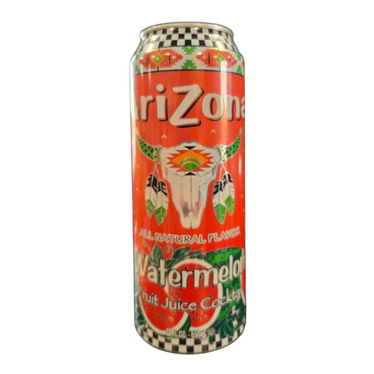 Dulceria 915 Arizona Watermelon Fruit Juice Cocktail can with a bull skull graphic and tribal patterns. 20 fl oz.