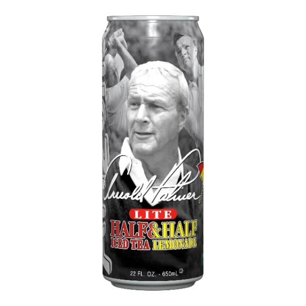 Dulceria 915 Arnold Palmer Lite Half & Half Iced Tea Lemonade can featuring a portrait of Arnold Palmer.