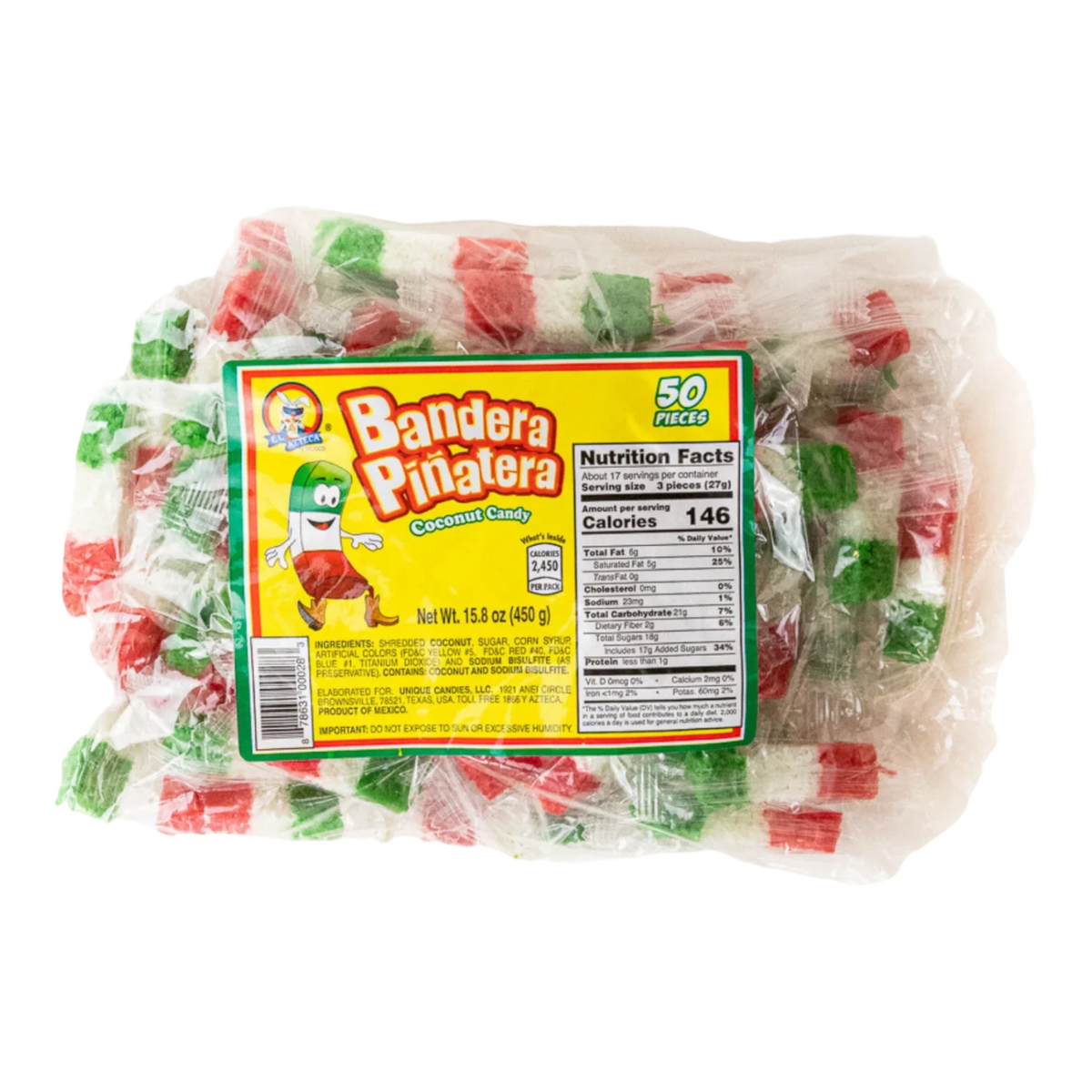 Dulceria 915 Bandera Piñatera coconut candy, 50 pieces, red, white, and green.