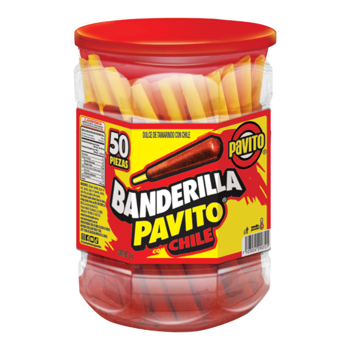 Dulceria 915 Banderilla Pavito tamarindo con chile candy sticks, 50 pieces in a clear plastic container with a red lid.