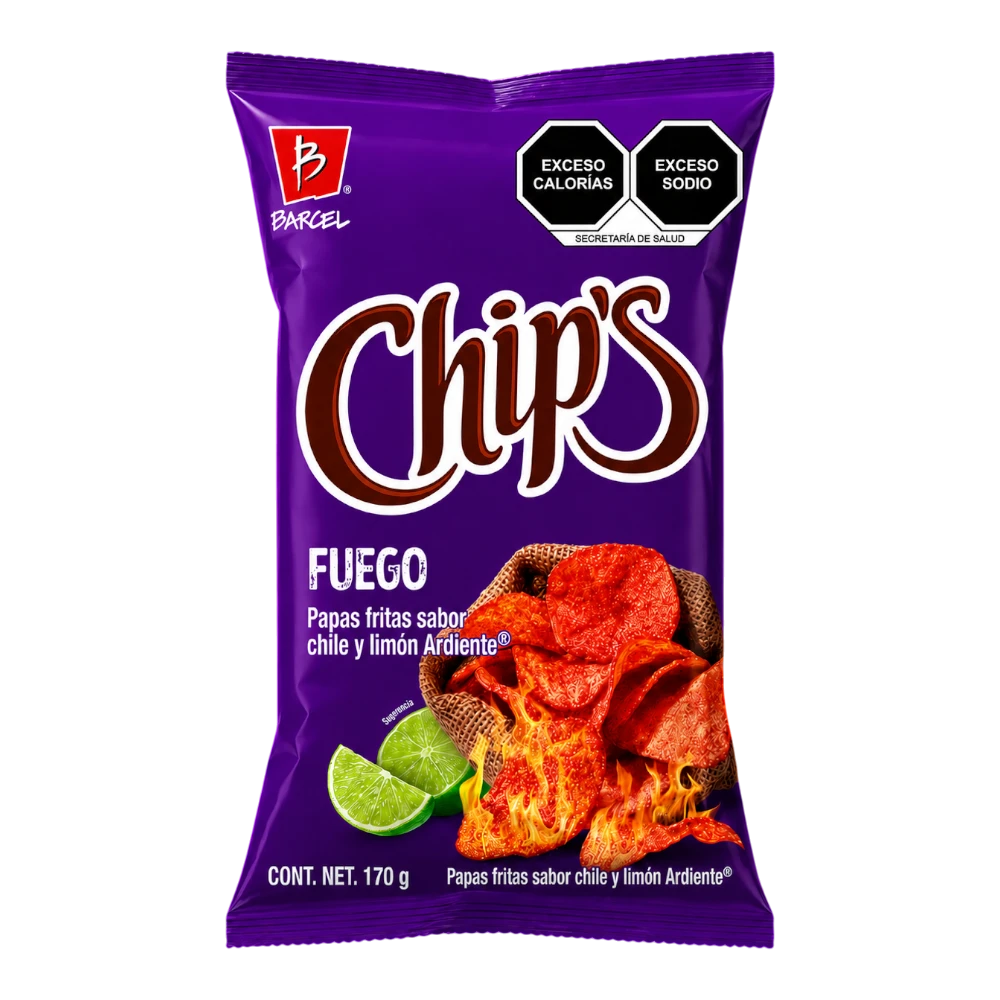 Dulceria 915 Barcel Chips Fuego potato chips with chili and lime flavor, 170g bag.