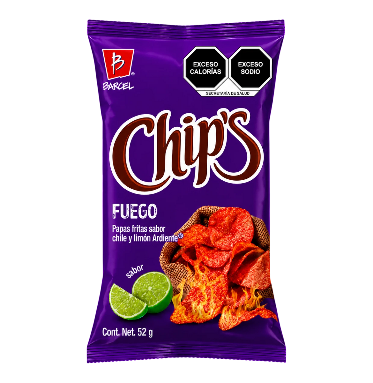 Dulceria 915 Barcel Chips Fuego chili lime flavored potato chips in a purple bag with flames and lime slices.