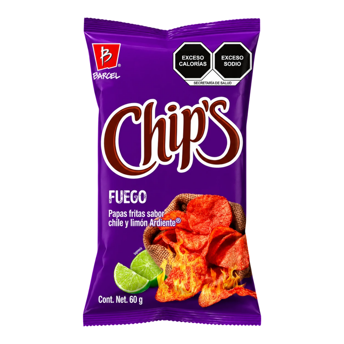 Dulceria 915 Barcel Chips Fuego chili lime flavored potato chips, 60g bag with fiery chili and lime imagery.