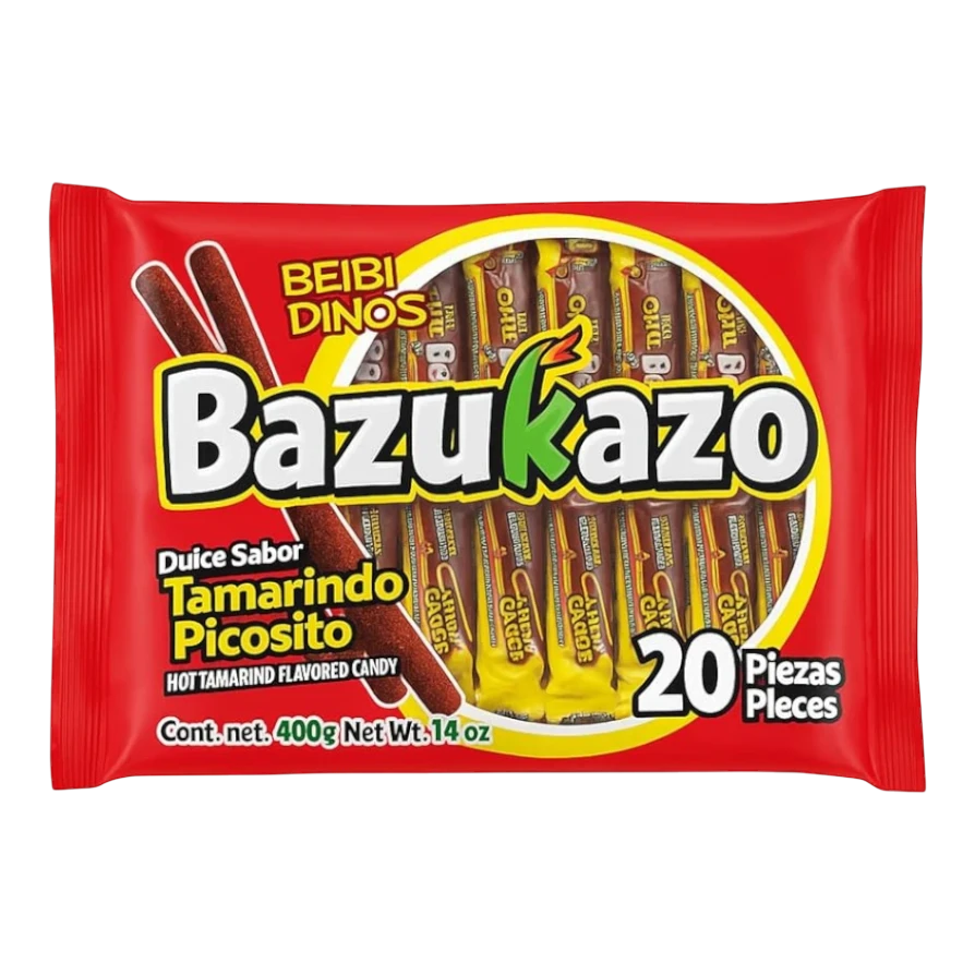 Dulceria 915 Bazukazo Hot Tamarind flavored candy straws covered in chili coating, 20 pieces.
