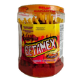 Dulceria 915 Betamex Banderilla hot and salted tamarind flavor candy sticks in a large plastic tub. Contains 50 pieces, 1.41 oz each.
