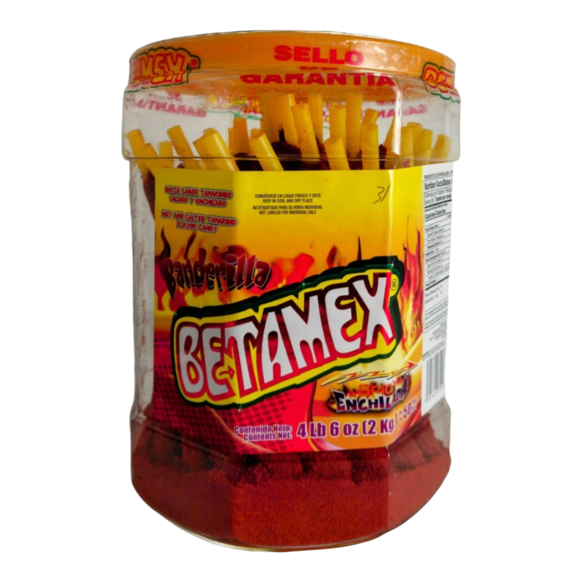 Dulceria 915 Betamex Banderilla hot and salted tamarind flavor candy sticks in a large plastic tub. Contains 50 pieces, 1.41 oz each.