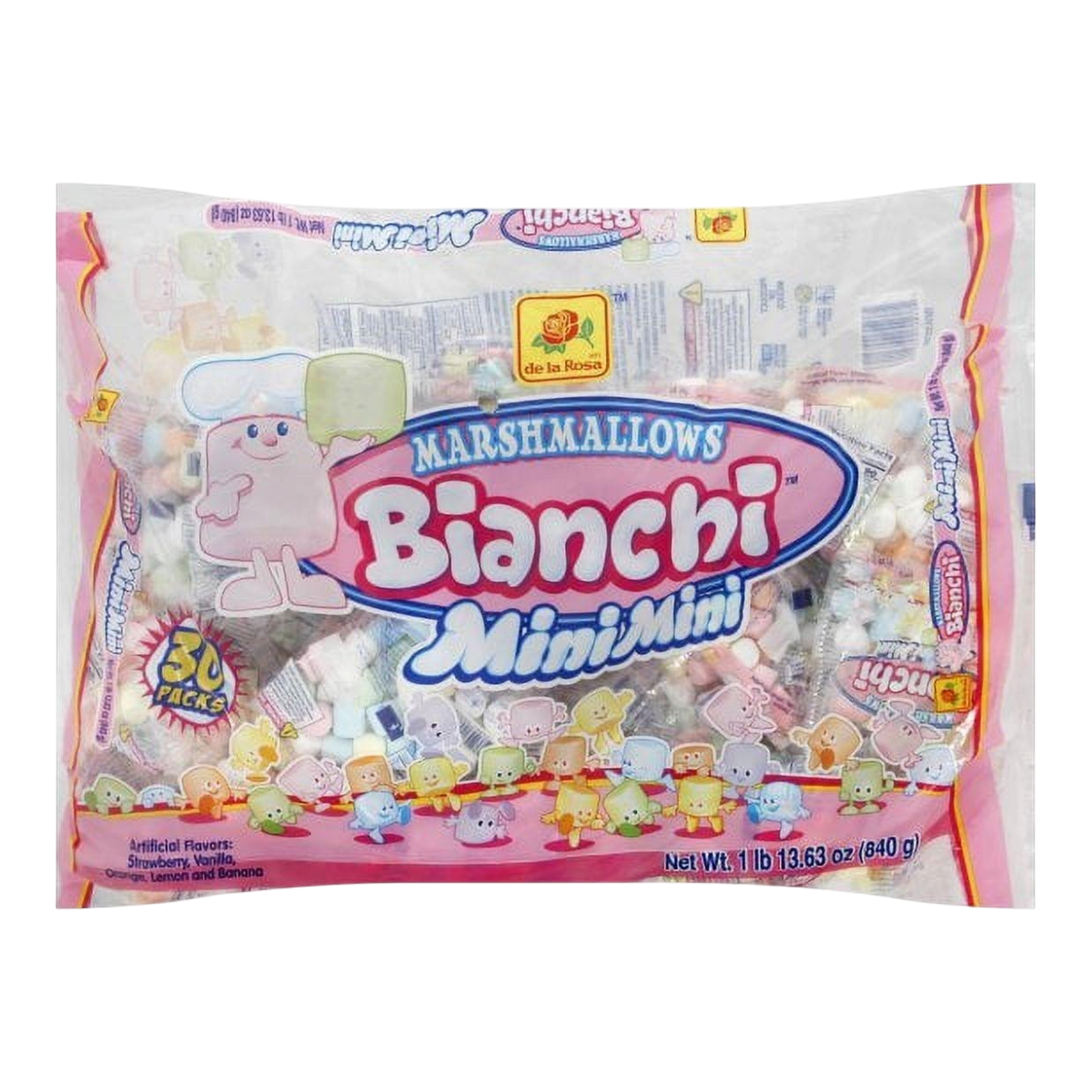 Dulceria 915 Bianchi Mini Mini marshmallows in a clear bag containing 30 individual fruity flavored snack packs.