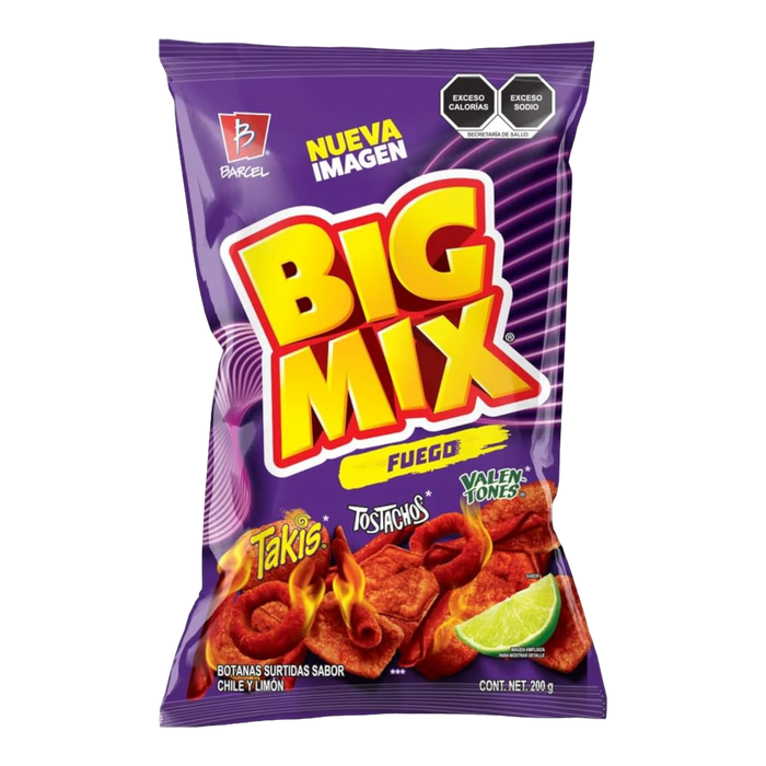 Dulceria 915 Big Mix Fuego snack mix bag with Takis, Tostachos, and Valentones, chili and lime flavor.