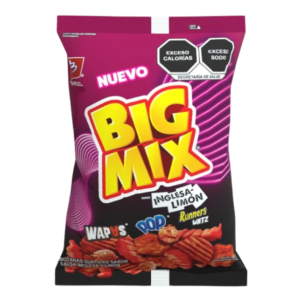 Dulceria 915 Big Mix Inglesa-Limon 80g bag of assorted chips with Wapus, Pop, and Runners Watz varieties in salsa inglesa y limon flavor.