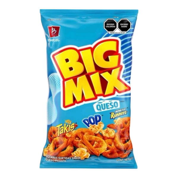 Dulceria 915 Big Mix Queso snack bag with Takis, Monster Runners, and Popcornopolis Pop coated in queso seasoning.