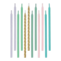 Dulceria 915 Pastel and Metallic Birthday Candles in mint, teal, pink, lavender, and gold. 5-inch candles for cakes and cupcakes.