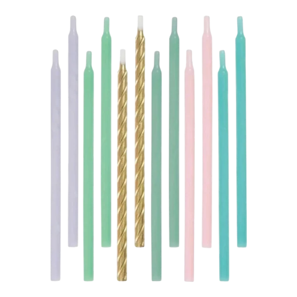Dulceria 915 Pastel and Metallic Birthday Candles in mint, teal, pink, lavender, and gold. 5-inch candles for cakes and cupcakes.