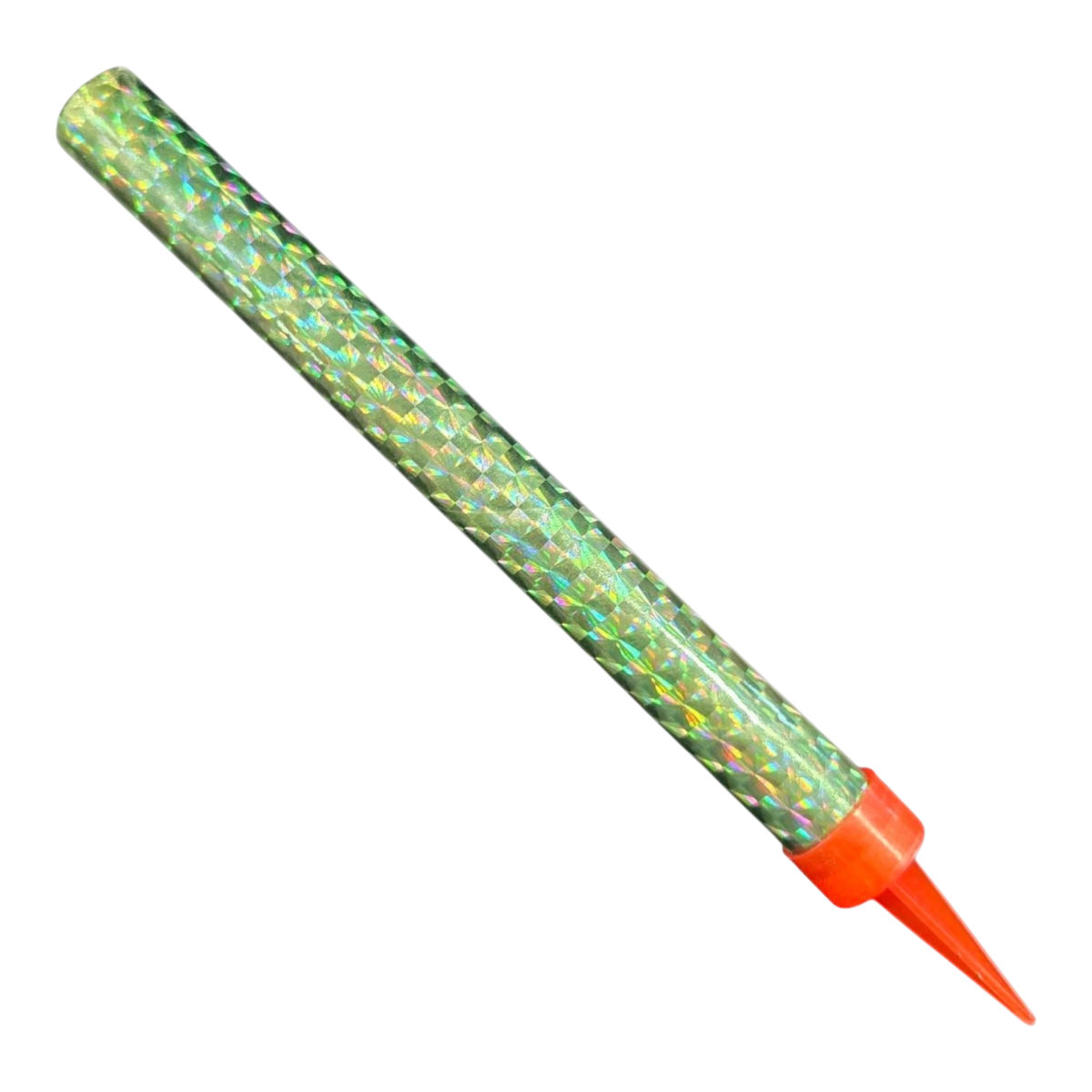 Dulceria 915 individual birthday sparkler with holographic green wrap and orange base.