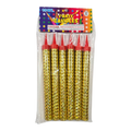 Dulceria 915 6 pcs gold fountain birthday sparklers with red tips in plastic packaging.