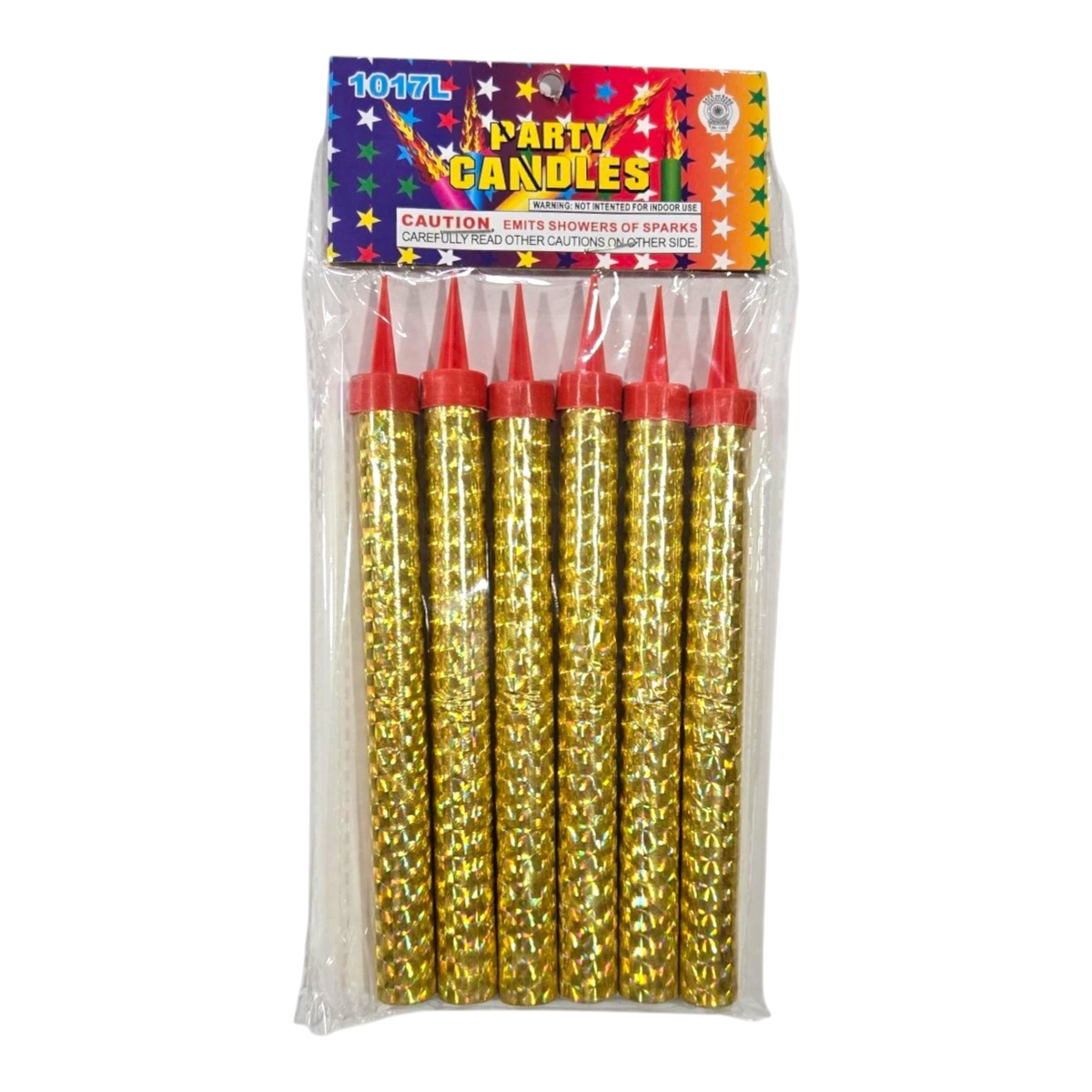 Dulceria 915 6 pcs gold fountain birthday sparklers with red tips in plastic packaging.