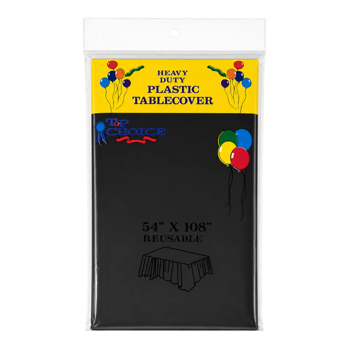 Dulceria 915 black plastic tablecloth in packaging, 54 by 108 inches, perfect for party table protection.