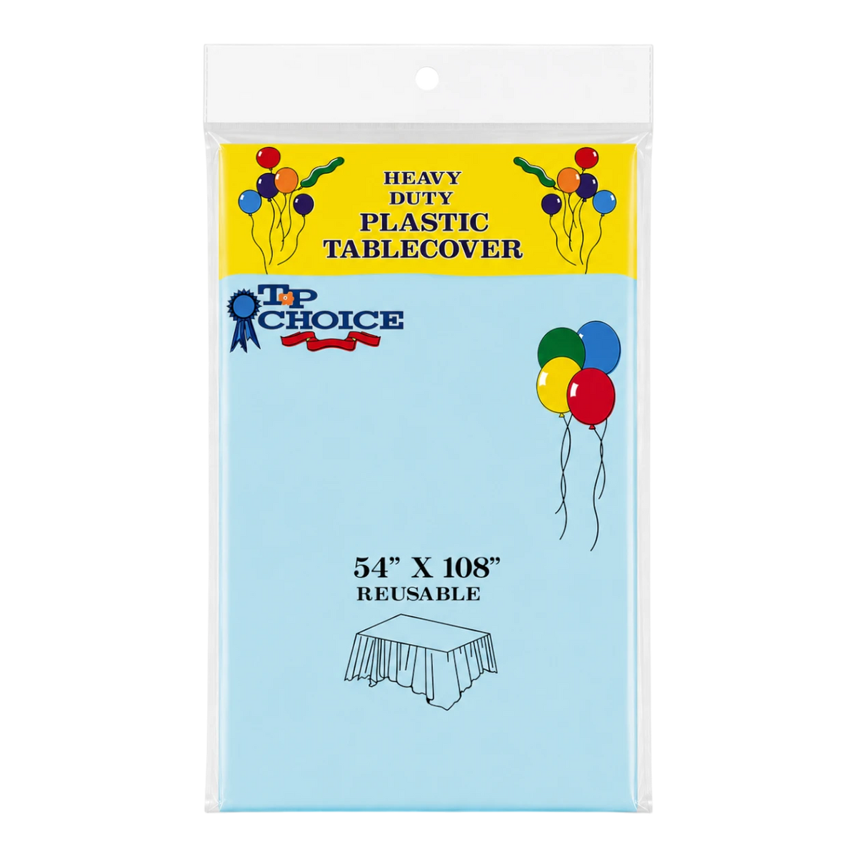 Dulceria 915 blue plastic tablecloth in packaging, 54 by 108 inches, perfect for party table protection.