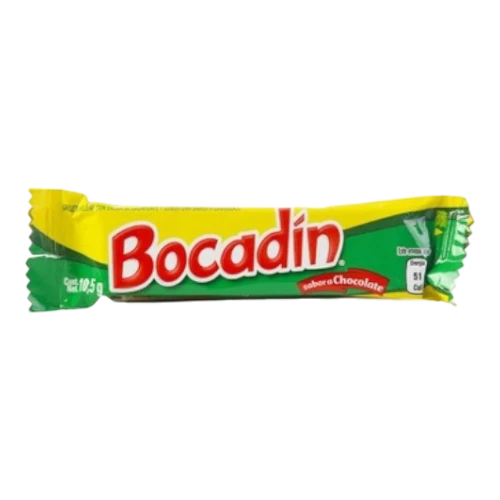 Dulceria 915 Bocadin Individual chocolate bar, 10.5g, yellow and green wrapper.