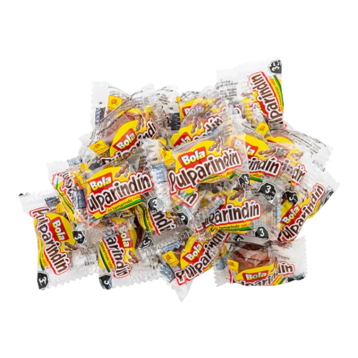 Dulceria 915 Bola Pulparin Individual tamarind chili candy balls, individually wrapped in clear plastic with yellow and red packaging.
