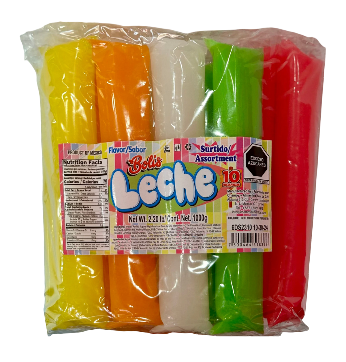 Dulceria 915 Bolis Leche assortment of 10 frozen ice pops in assorted fruit flavors and colors: yellow, orange, white, green, and red.