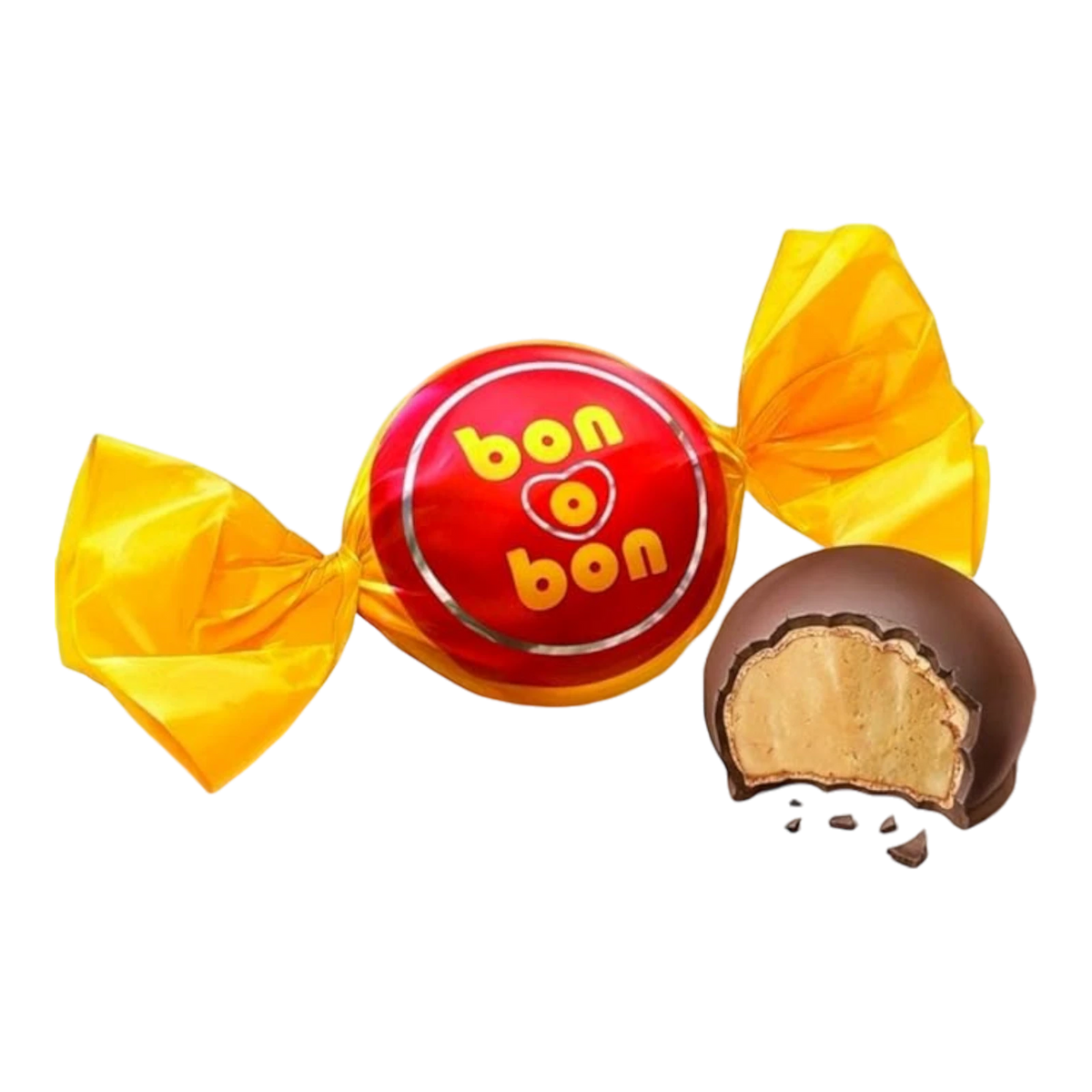Dulceria 915 Bon o Bon individually wrapped chocolate covered wafer bonbons, one unwrapped showing creamy filling.