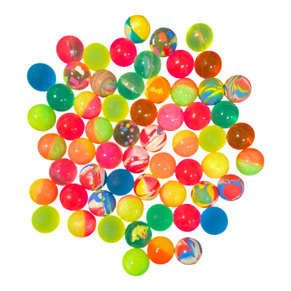 Assortment of 27mm bouncy balls in various colors and patterns from Dulceria 915.