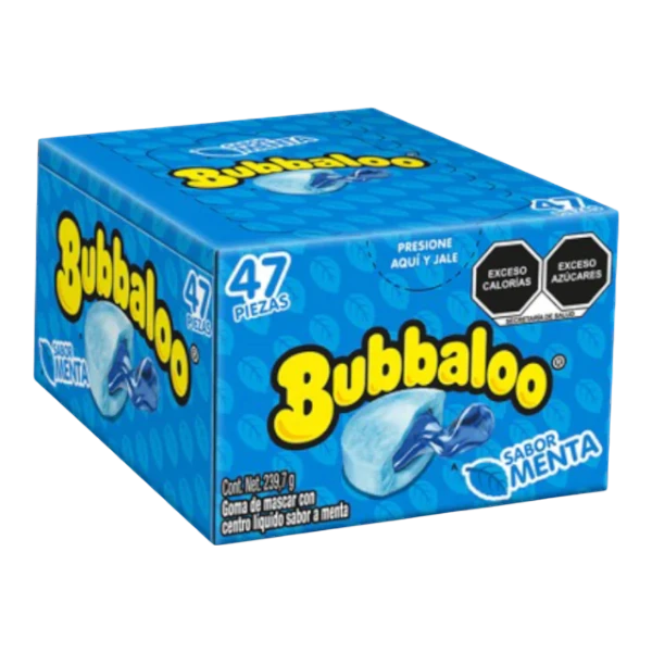 Dulceria 915 Bubbaloo Sabor Menta bubble gum box, 47 pieces, with liquid mint center.