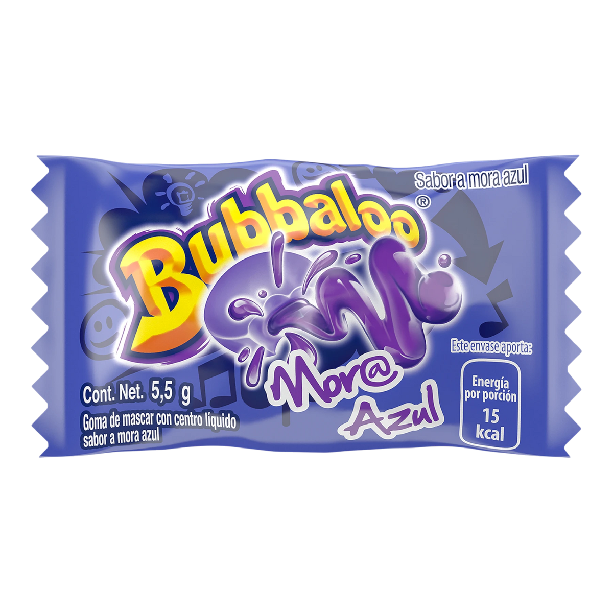 Dulceria 915 Bubbaloo Mora Azul liquid-filled chewing gum, blue raspberry flavor.