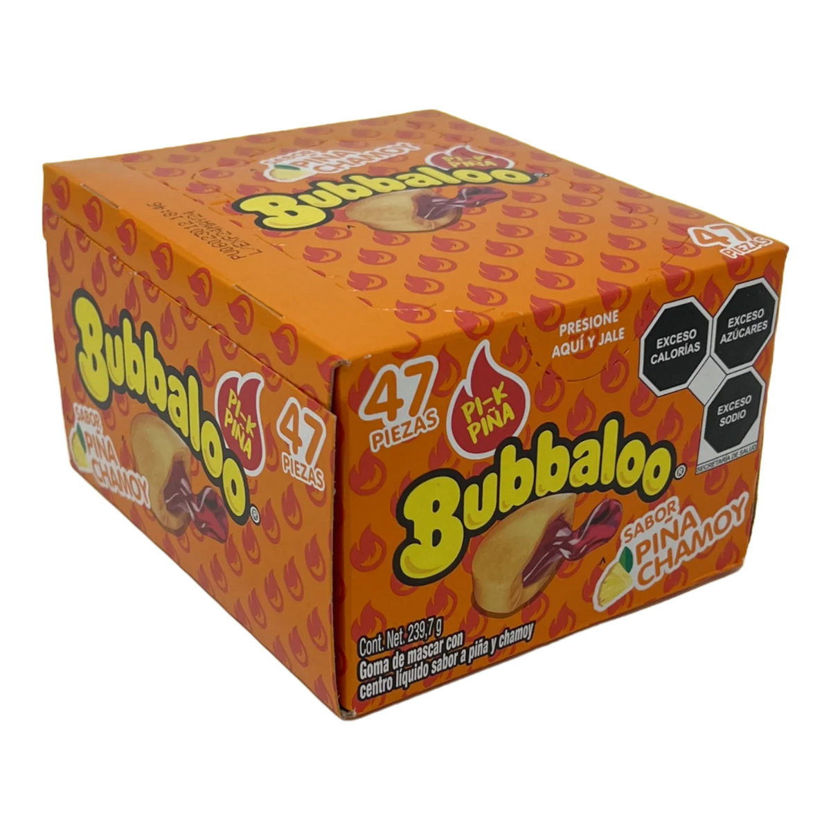 Dulceria 915 Bubbaloo Piña Chamoy gum box, 47 pieces, orange packaging with flame graphics and pineapple chamoy flavor.
