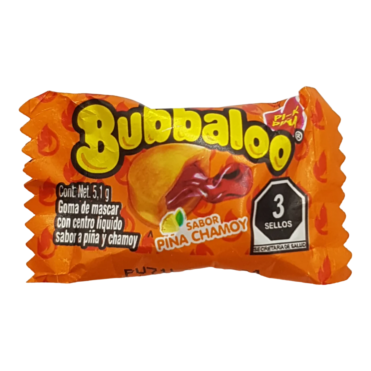Dulceria 915 Bubbaloo Piña Chamoy chewing gum with liquid center, orange wrapper with pineapple and chili design.