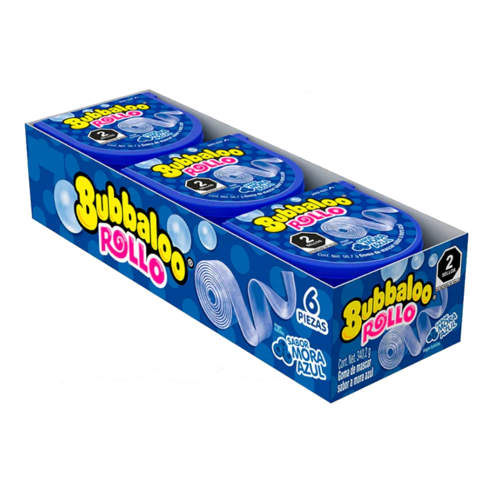 Dulceria 915 Bubbaloo Rollo Blueberry flavored bubble gum roll, 6 pieces, imported from Mexico.