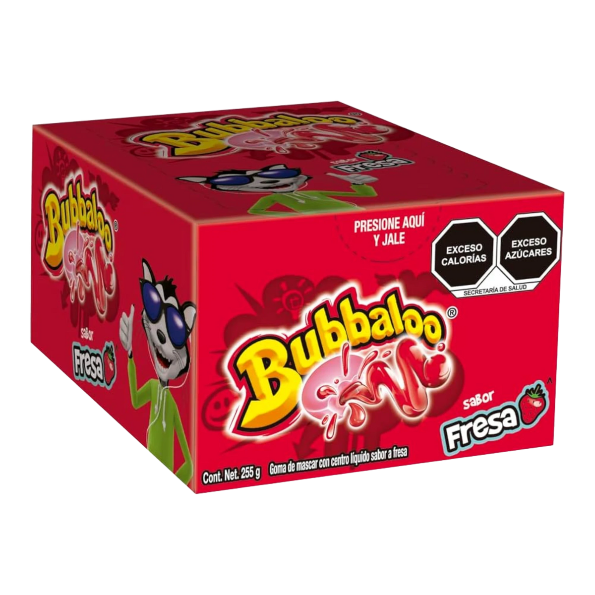 Dulceria 915 Bubbaloo strawberry flavor bubble gum box, 47 pieces, with cartoon cat character.