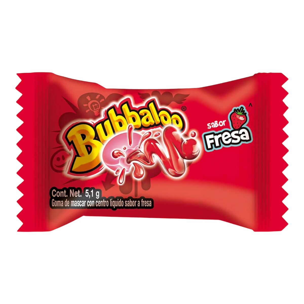 Dulceria 915 Bubbaloo strawberry flavored chewing gum with liquid center, 5.1g individual pack.