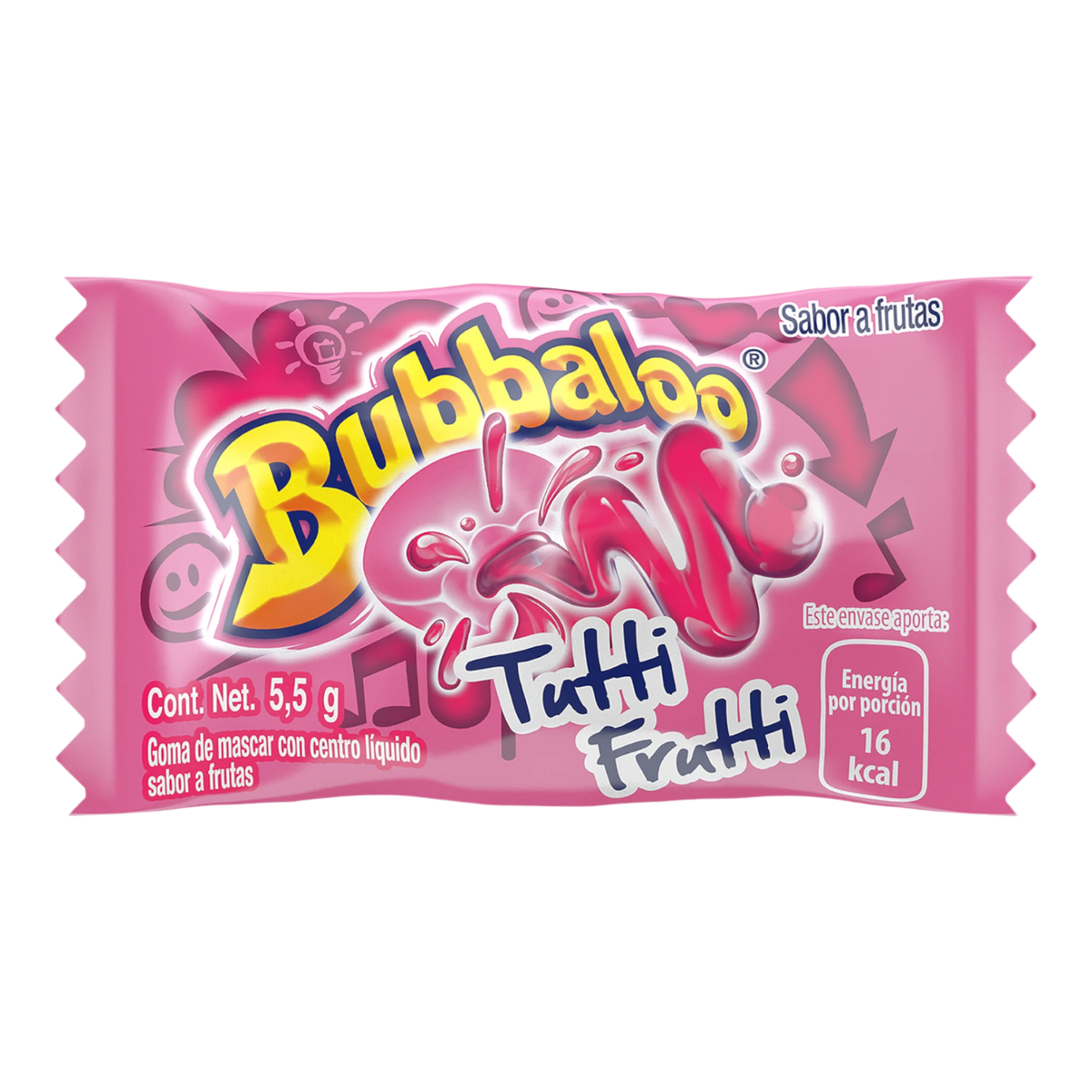 Dulceria 915 Bubbaloo Tutti Frutti bubble gum wrapper with liquid center, 5.5g.