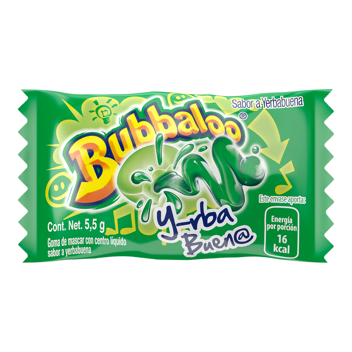 Dulceria 915 Bubbaloo Yerbabuena liquid-filled chewing gum wrapper, green with yellow accents and playful graphics.