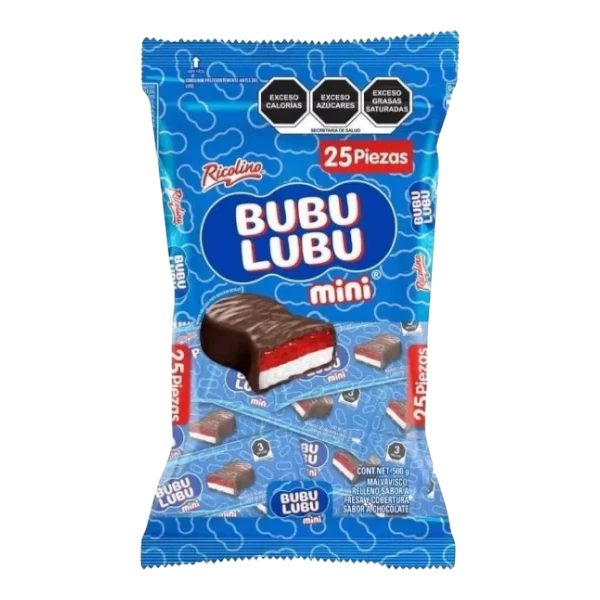 Dulceria 915 Bubu Lubu Mini chocolate-covered marshmallow and strawberry candy, 25 pieces.