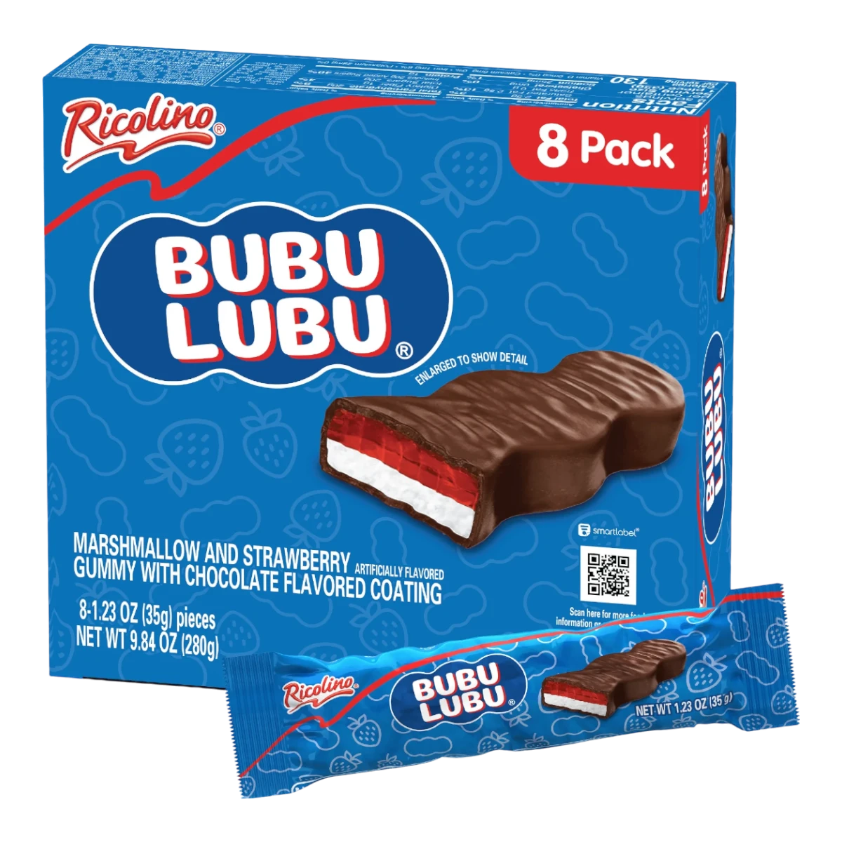 Dulceria 915 Ricolino Bubulubu marshmallow and strawberry gummy bars with chocolate flavored coating, 8 pack.