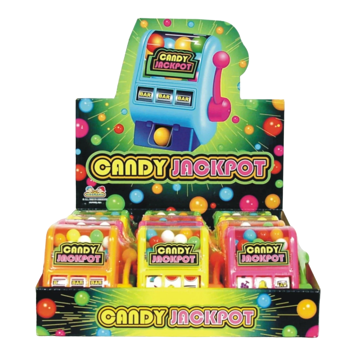 Dulceria 915 Candy Jackpot slot machine toys filled with colorful gumballs. Display box of 12.