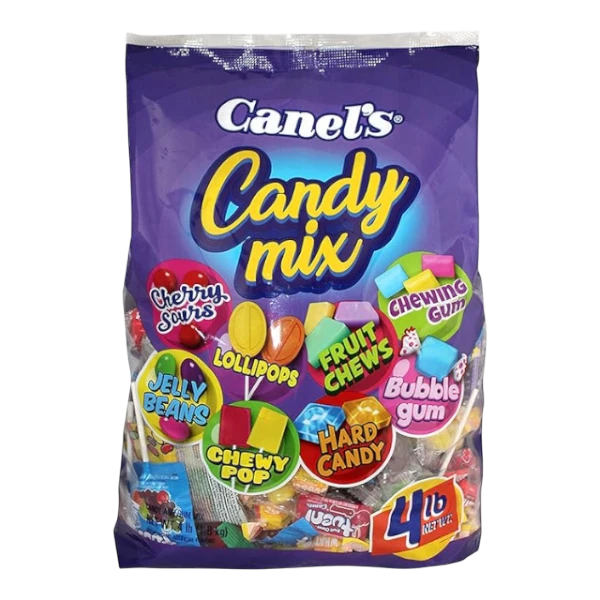 Dulceria 915 Canel's Candy Mix bag featuring cherry sours, jelly beans, lollipops, fruit chews, chewing gum, bubble gum, and hard candy.