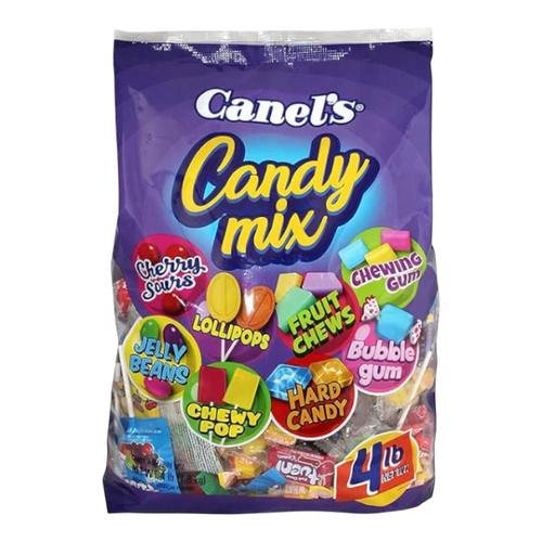 Dulceria 915 Canel's Candy Mix bag featuring cherry sours, jelly beans, lollipops, fruit chews, chewing gum, bubble gum, and hard candy.