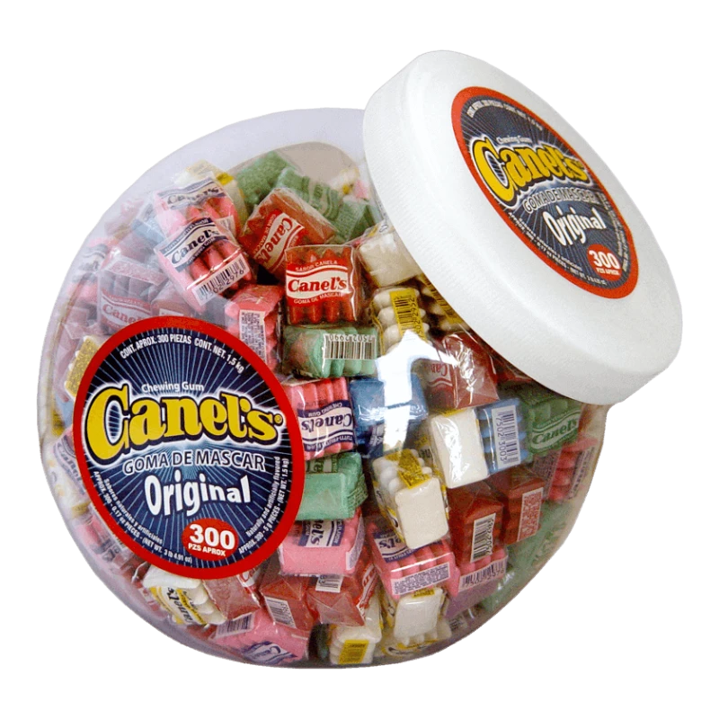 Dulceria 915 Canels Original chewing gum, 300 pieces in a clear tub. Assorted colors including pink, red, green, and white.