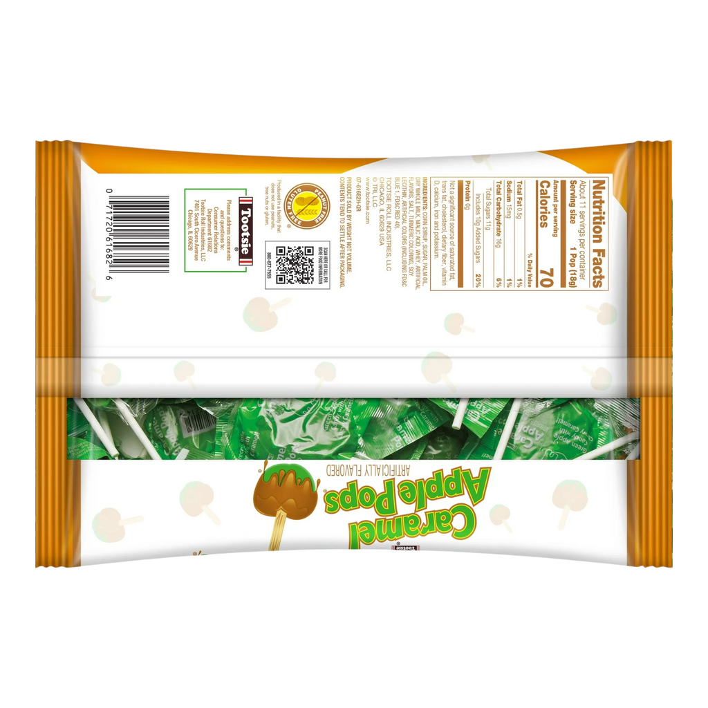 Dulceria 915 Caramel Apple Pops, individually wrapped green apple lollipops with caramel.