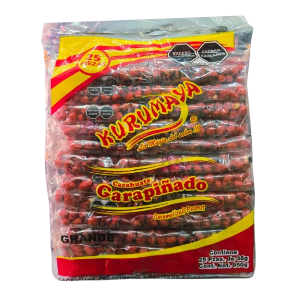 Dulceria 915 Garapiñado Kurumaya Grande, 25 individually wrapped caramelized peanuts in a large bag.