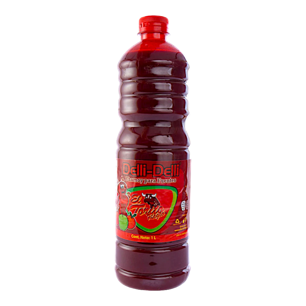 Dulceria 915 Delli-Delli El Torito Regio Chamoy sauce, 33 fl oz bottle. Dark red chamoy sauce with a bull logo.