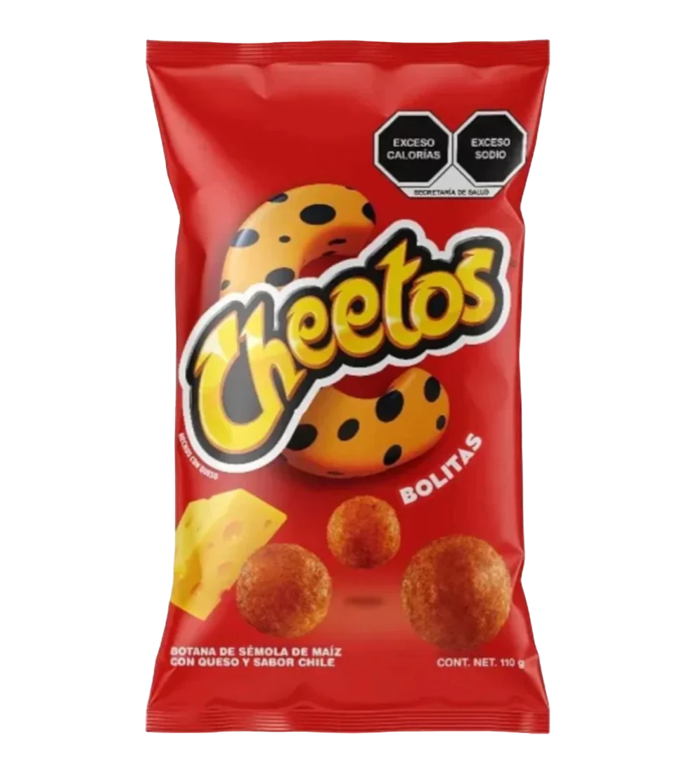 Dulceria 915 Cheetos Bolitas cheese and chili flavored corn puffs, bite-sized balls with a crunchy texture.