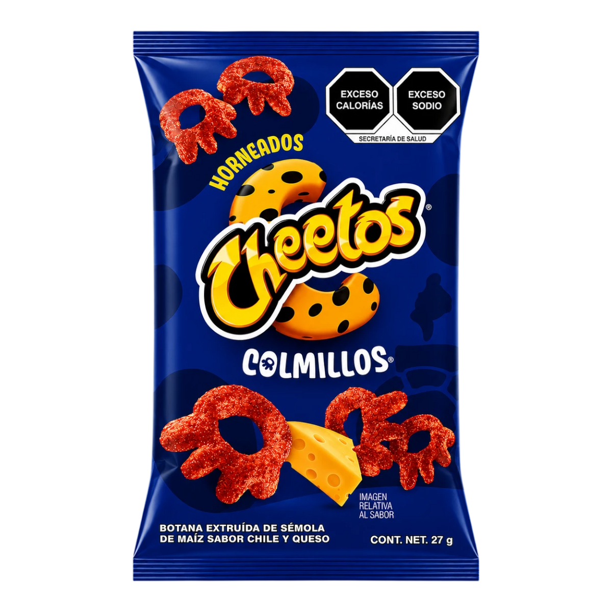 Dulceria 915 Cheetos Colmillos Chico baked corn snacks with chili and cheese flavor, red and orange.